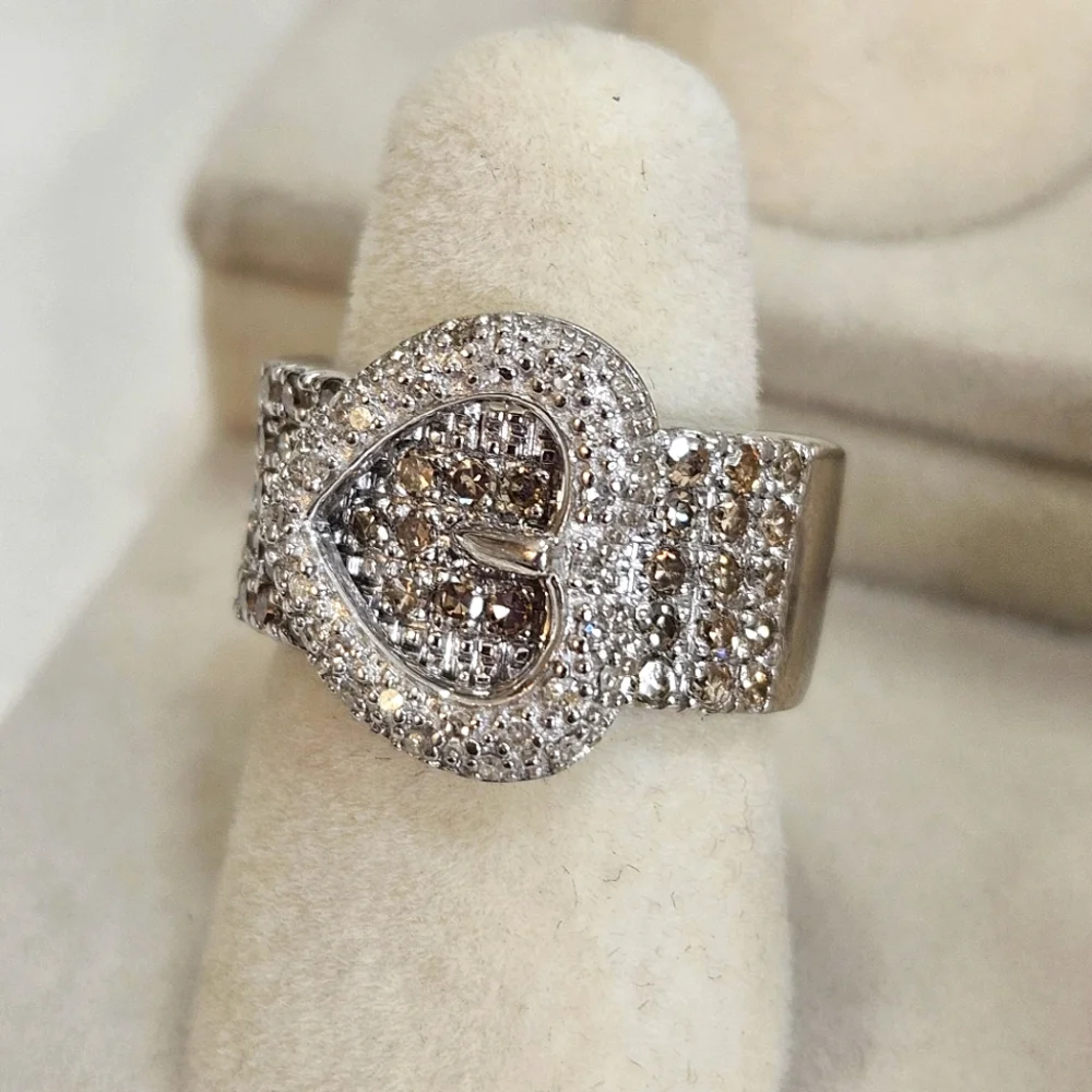 925 Sterling Silver Pave Diamonds Heart Buckle Band Ring Size 5 - Picture 2 of 7